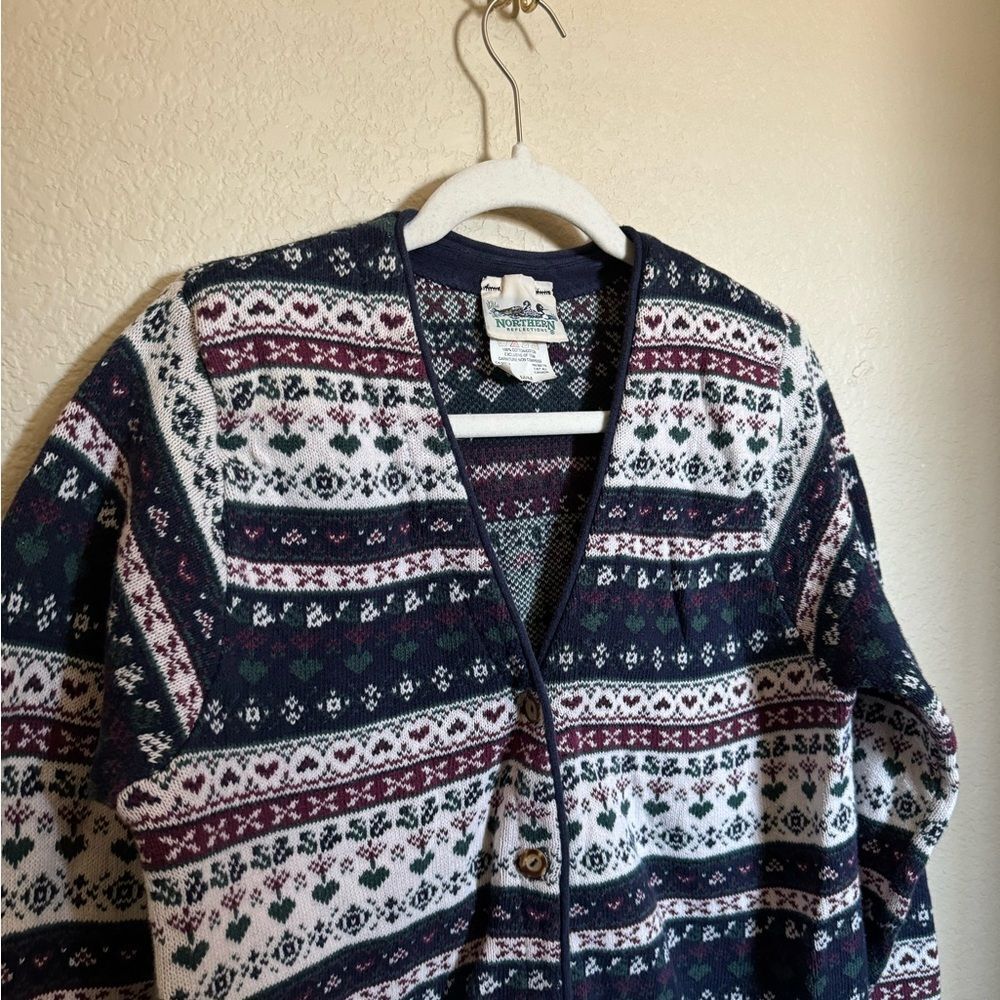 Vintage Grandma Knit Floral Heart Mod Print Sweater Cardigan Sz M